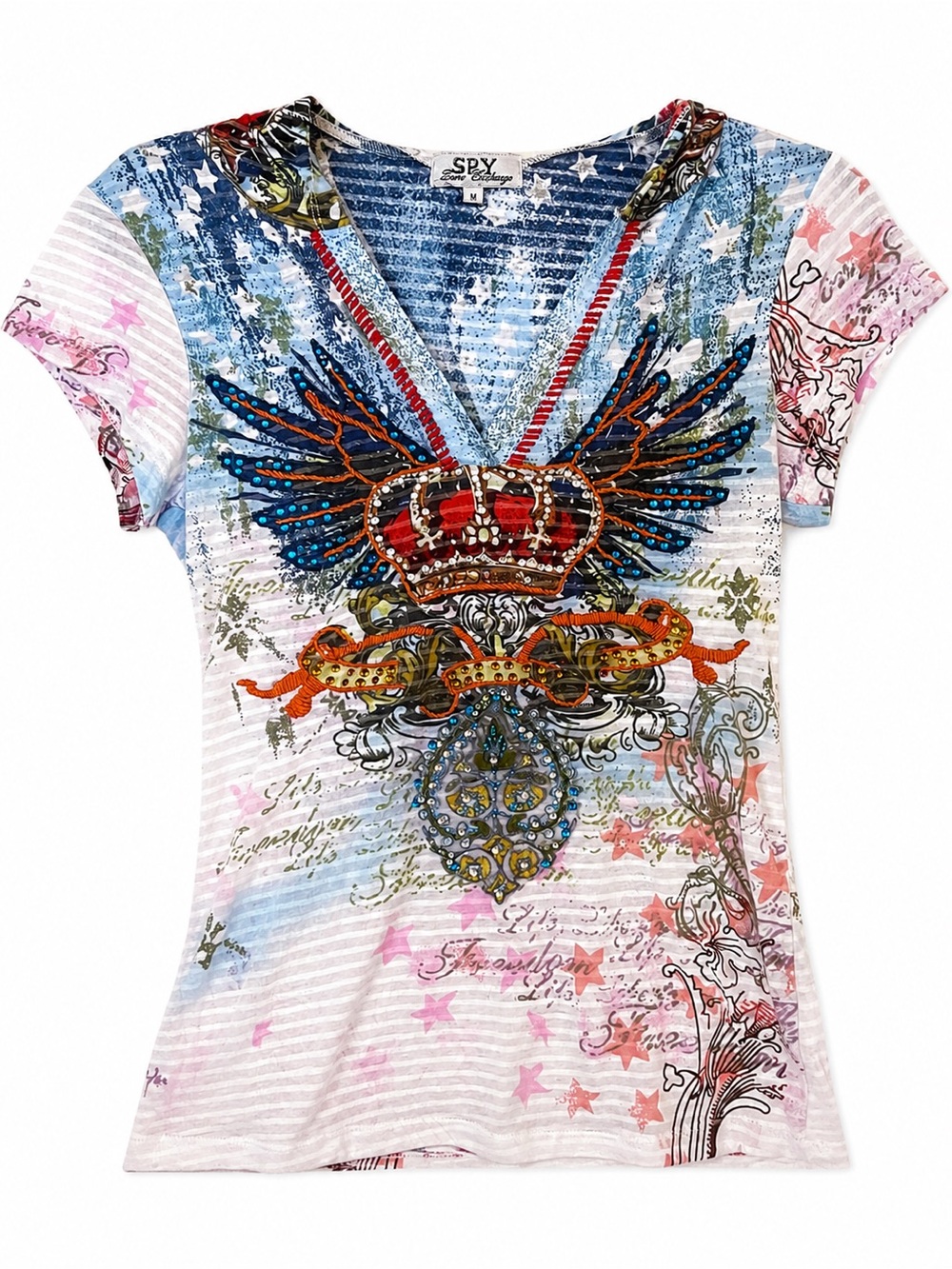 SPY Embellished Crown & Wing V-Neck Hooded Tee - Blue / Red / Multi
